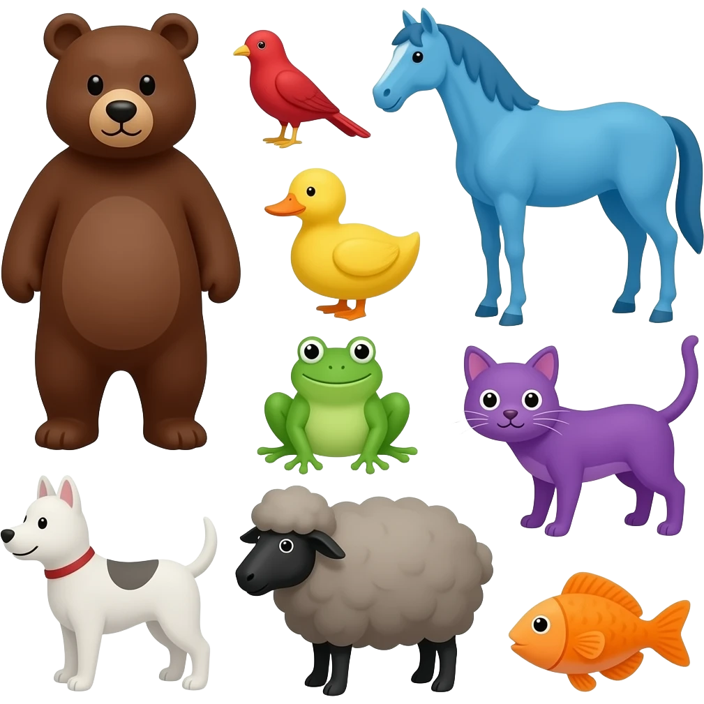 Brown bear, red bird, yellow duck, blue horse, green frog, purple cat, white dog, black sheep, and orange fish emoji