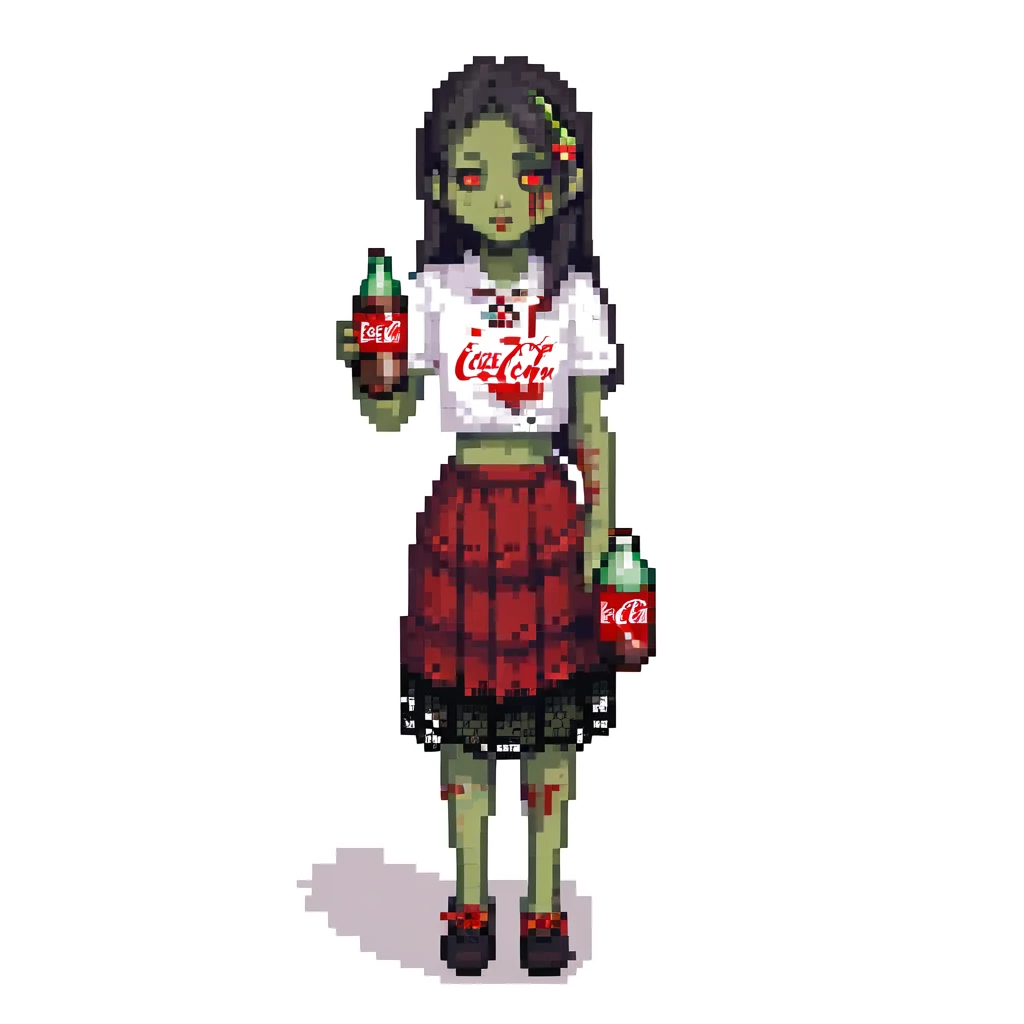 Generate an Asian girl, dark-haired, she's a zombie, wearing a skirt with lace, slightly torn,

Holding a bottle of Coca-Cola in her hands.

Background - a dark street in the style of Gotham City. emoji