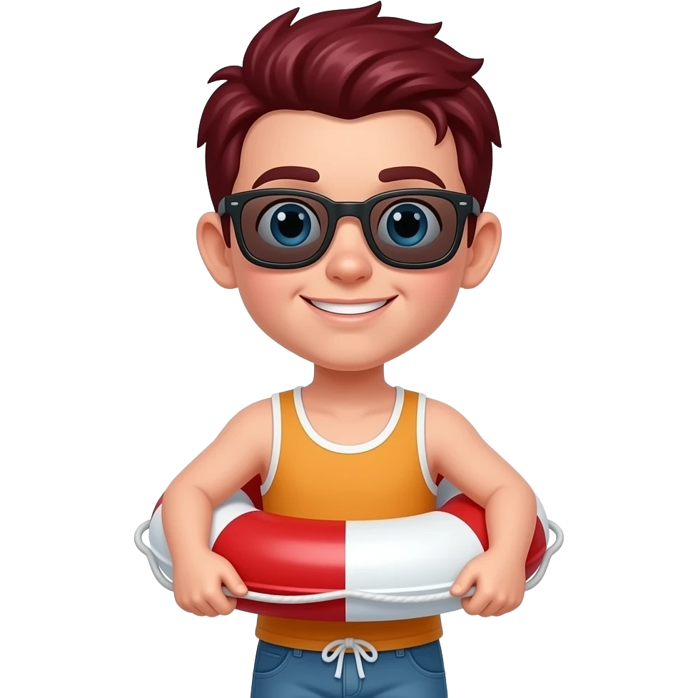 a boy with mehroon hairs and wear sun glasses holding a lifeguard in hands half body close up emoji