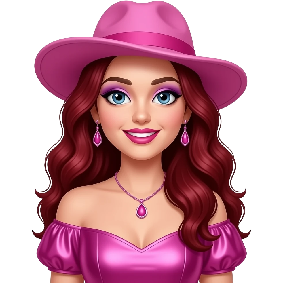 Chappell Roan, Pop Singer (b.1998) with blue eyes, long dark red wavy hair, lavender eyeshadow, hot pink lipstick, pink hat, hot pink metallic off shoulder dress, pink necklace and earrings emoji
