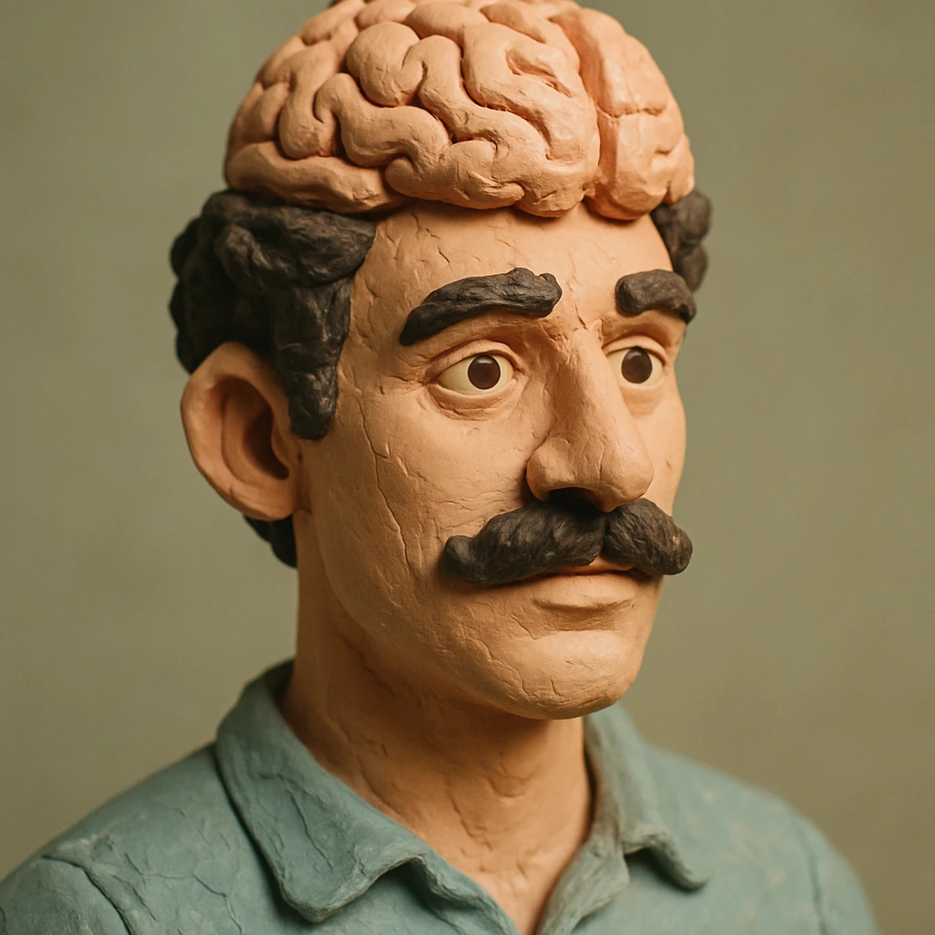 Enhance the claymation man wearing a brain by adding more depth and dimension to the image. Make him more attractive, inspired by the first version, with dark curly hair, thick mustache, light skin, claymation style, visible fingerprints, and pastel colors. emoji