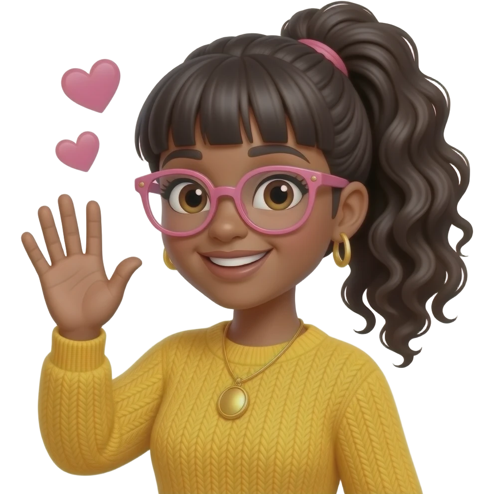 A curvy black pale lightskinned woman with long curly hair in a high ponytail wihth bangs with pink glasses, wearing a yellow sweater and gold locket, waving at the camera, with hearts in the background emoji