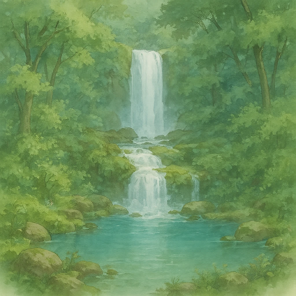 waterfall then lake and the rest of the waterfall in forest, natural colors, soft, fairy-like atmosphere, no background, square size emoji