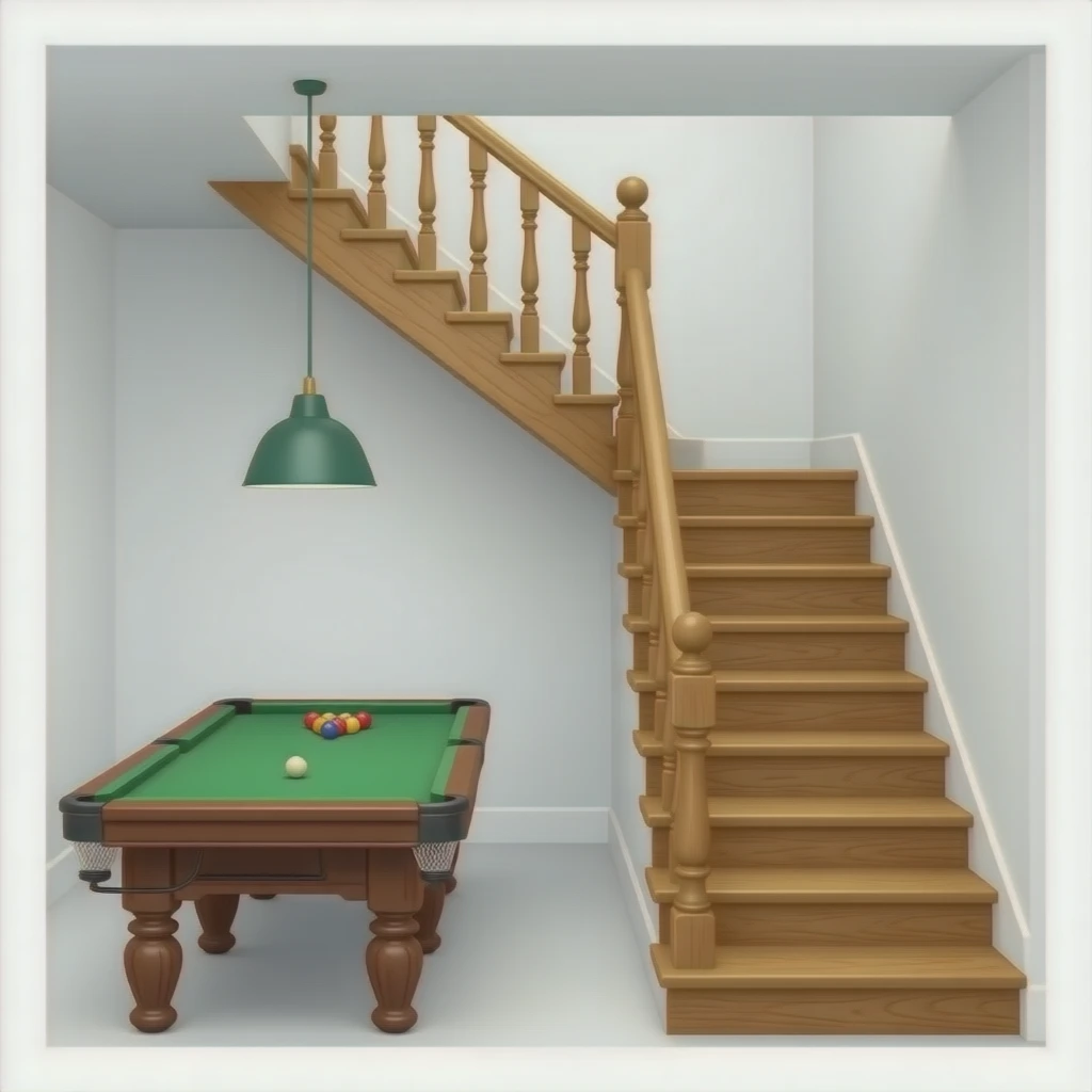 Des marches d’escaliers en bois de chêne entre deux murs blanc et à gauche un billard emoji