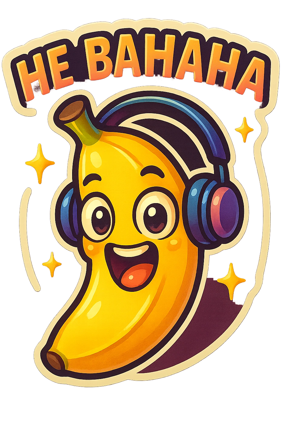 Funny cartoon banana, big happy smiling face, wearing tiny headphones, wide excited eyes, tiny sparkles around, text above: "НЕ БАНАНА ", chibi style, Twitch emoji style, colorful, transparent background emoji