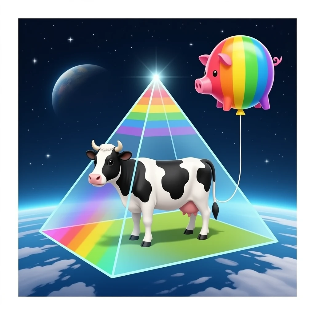 a black and white cow stands inside a glass pyramid floating in space and shining with rainbow colors, outside the pyramid floats a balloon in the shape of a pig connected to the cow emoji