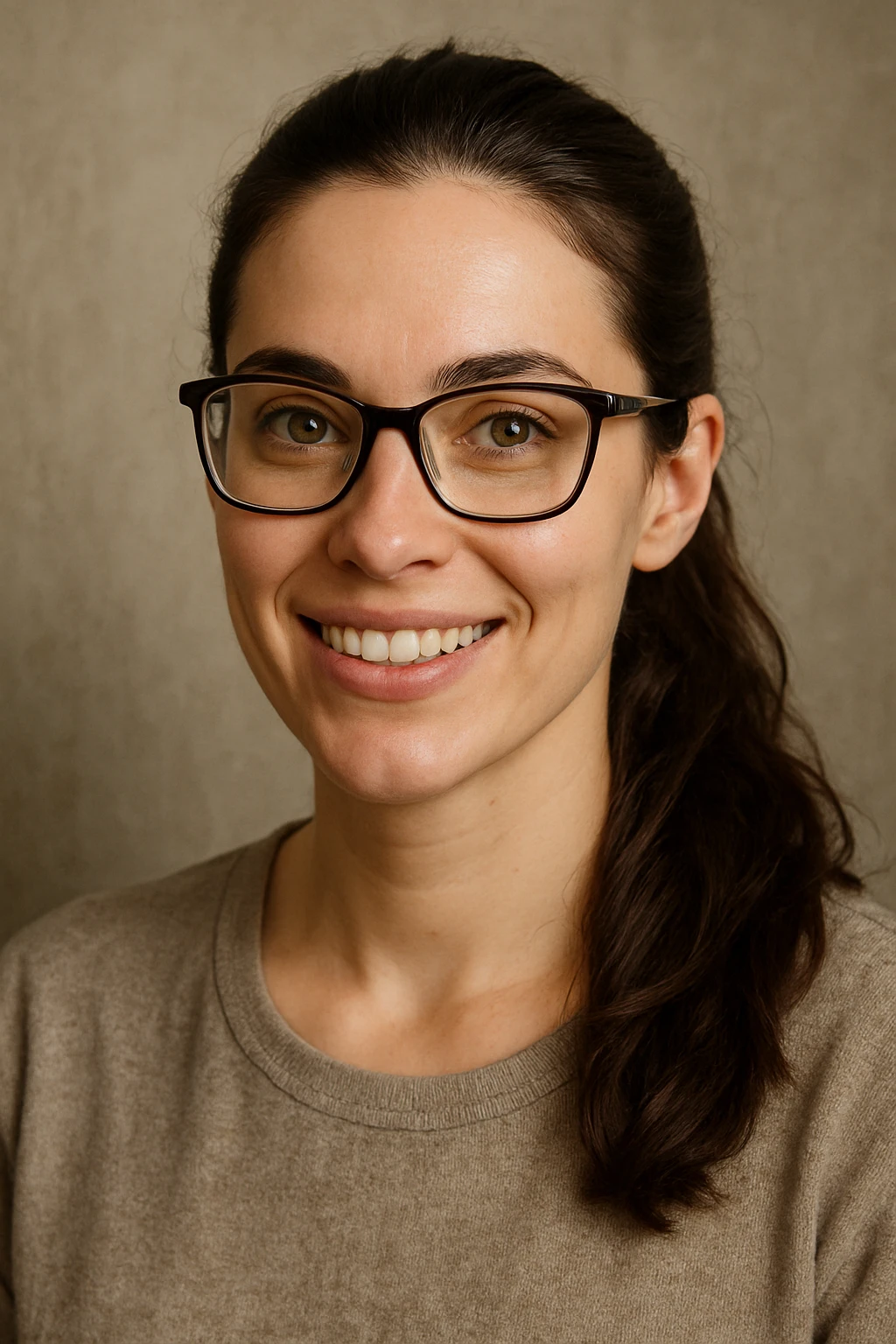 upper body portrait of a woman with long pulled back dark brown hair, hazel eyes, and glasses, smiling emoji