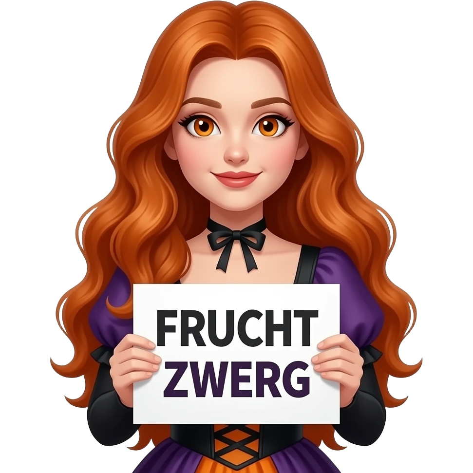 sexy girl with long wavy ginger hair and ginger eyes wearing a halloween dress is holding a white colored sign with FRUCHT ZWERG written on it emoji