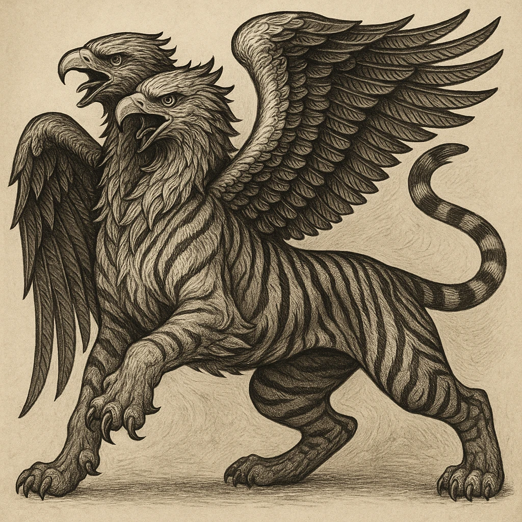 A tiger with two eagle heads, wings sprouting from its back, fierce and majestic, mythological creature, detailed illustration. emoji
