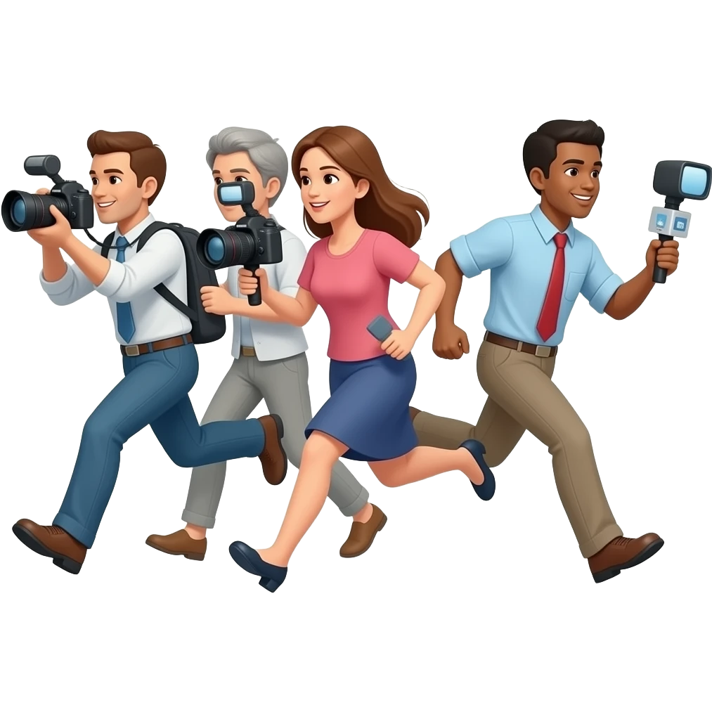 много журналистов бегут с камерами и флешками emoji