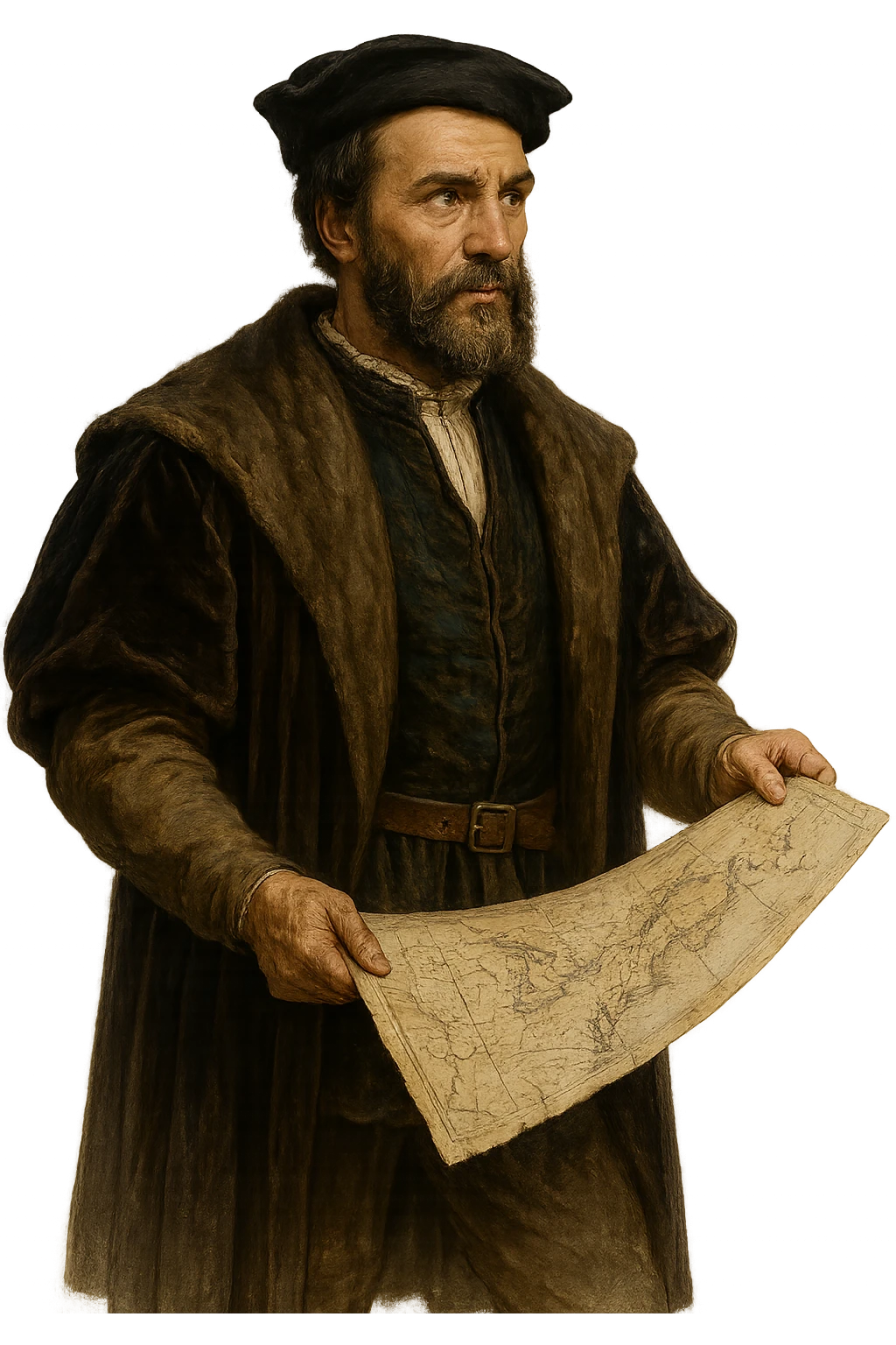 Jacques Cartier, French explorer, holding a map, 16th-century clothing, adventurous look, no background emoji