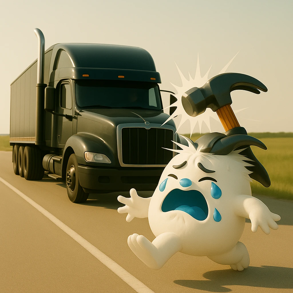 Change to a side view: show the black Kenworth W680 flat top semi truck far behind the abominable snowman, hammer actively hitting the snowman, light and realistic style, no text. emoji