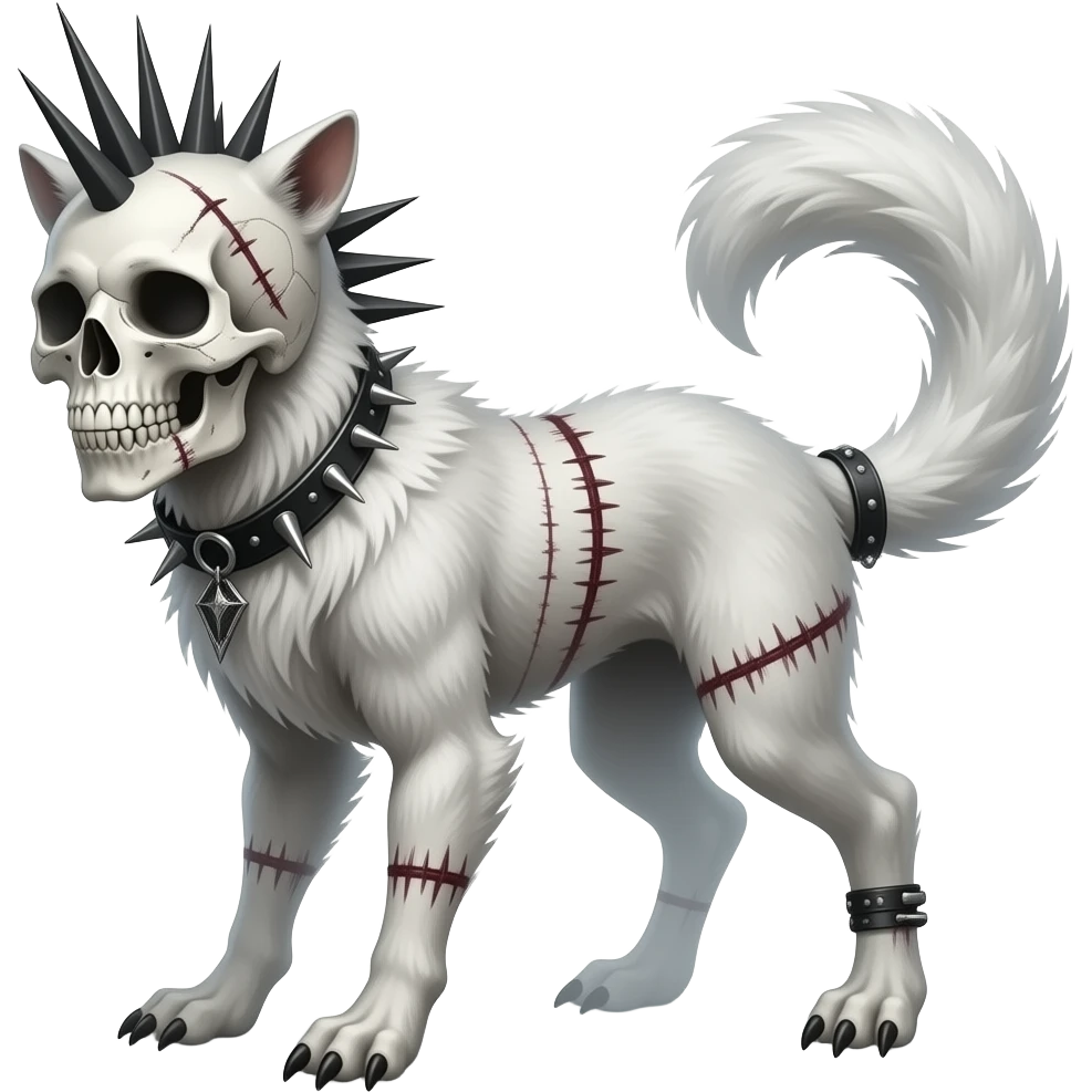 Rich smexy skull-masked spiky punky gothic bleak swampy white-skeletal gloomy dark pale albino foggy eldritch beautiful realistic edgy fantasy ghoul-like stitched vernid-sergal-fursona animal creature with a tufted tail full body with intricate markings emoji
