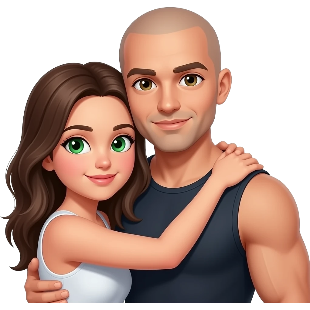 Thank you so much. Light here showed a length green eye girl hugging a musculare, brown eyed bald headman emoji
