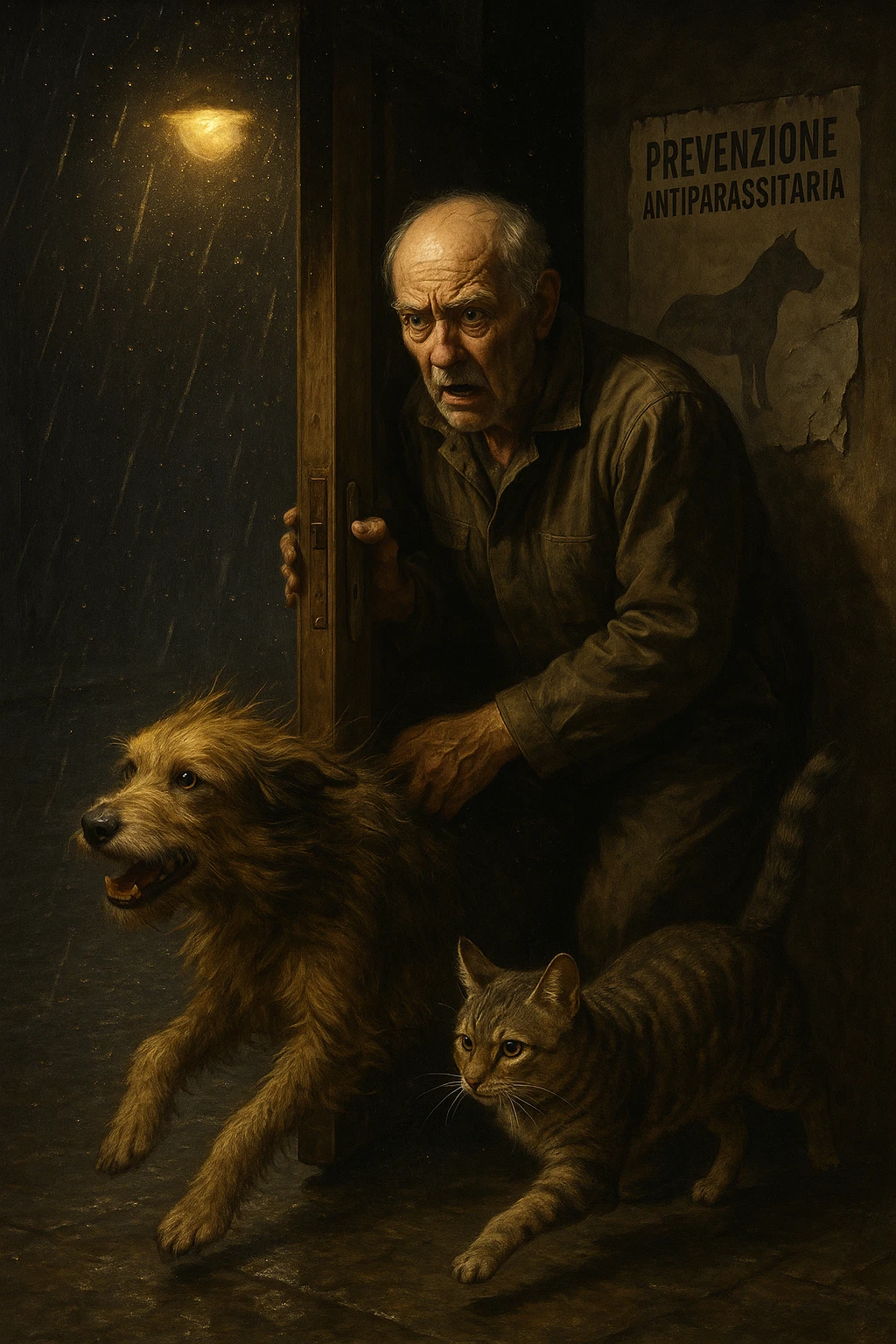 Un uomo anziano in tuta da lavoro, con espressione angosciata, tiene aperta la porta di casa mentre il suo cane (un meticcio a pelo lungo) e il gatto (soriano) scappano nella strada buia sotto la pioggia. Particelle di polvere/pulci fluttuano nell'aria illuminata dal lampione. Sullo sfondo, un poster strappato del veterinario con scritto 'Prevenzione antiparassitaria'. Stile fotorealistico, illuminazione Caravaggesca, toni grigi e ocra. in italiano emoji