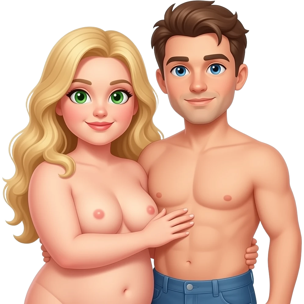 A heavy set naked white woman with blond hair and green eyes holding a naked white male with brown hair and blue eyes and a dad bod showing chest up emoji