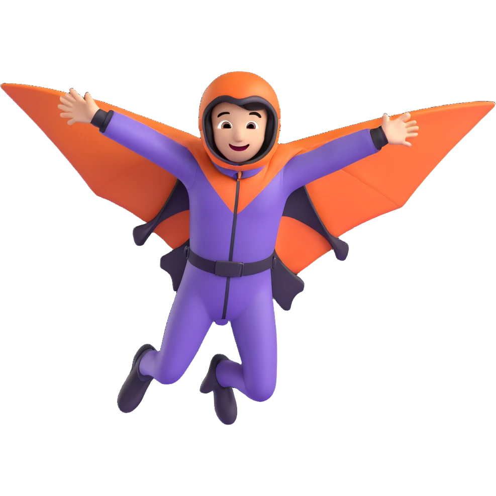 wingsuit flyer, mid-air, streamlined, excited face emoji