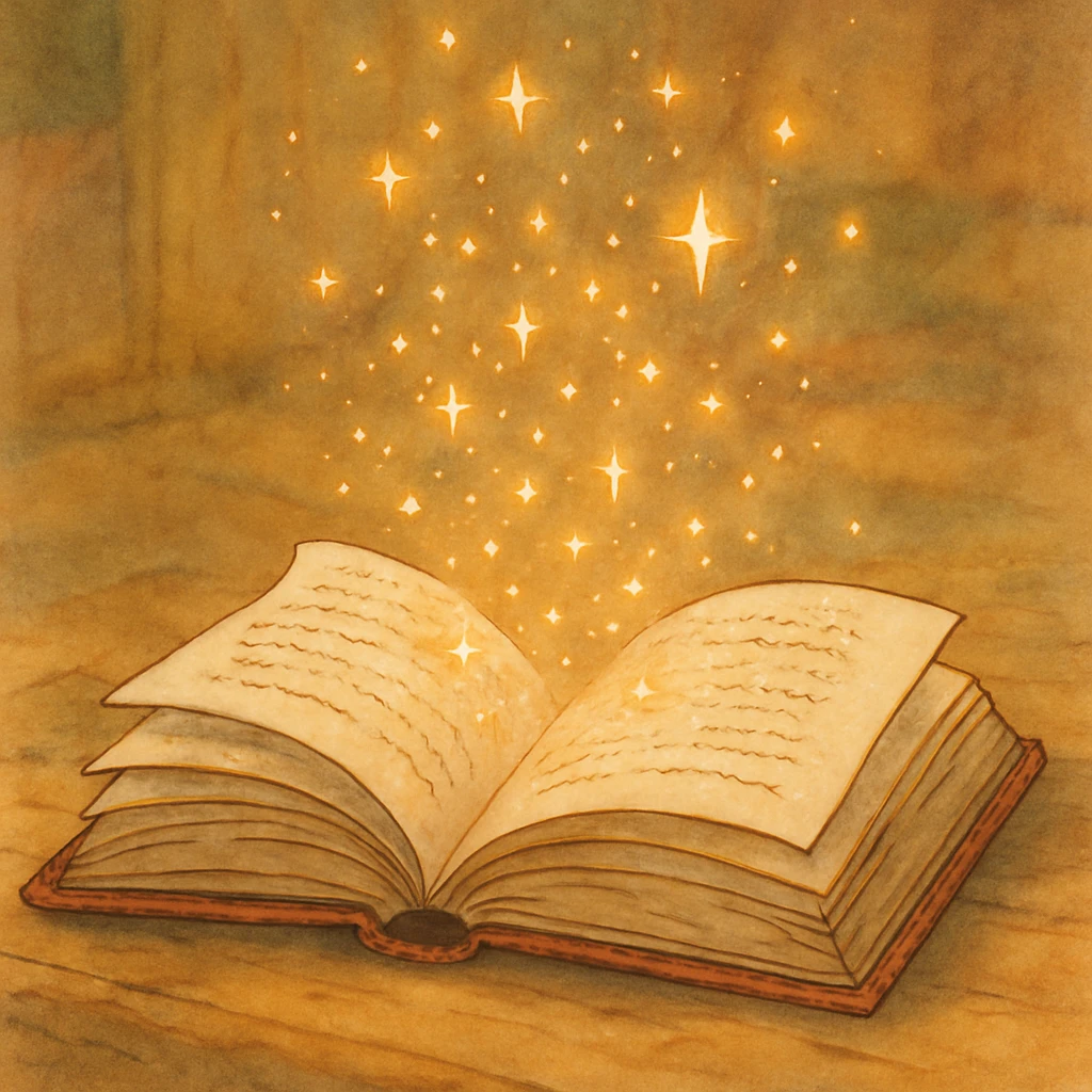 an open book with magical sparkles, ghibli style emoji