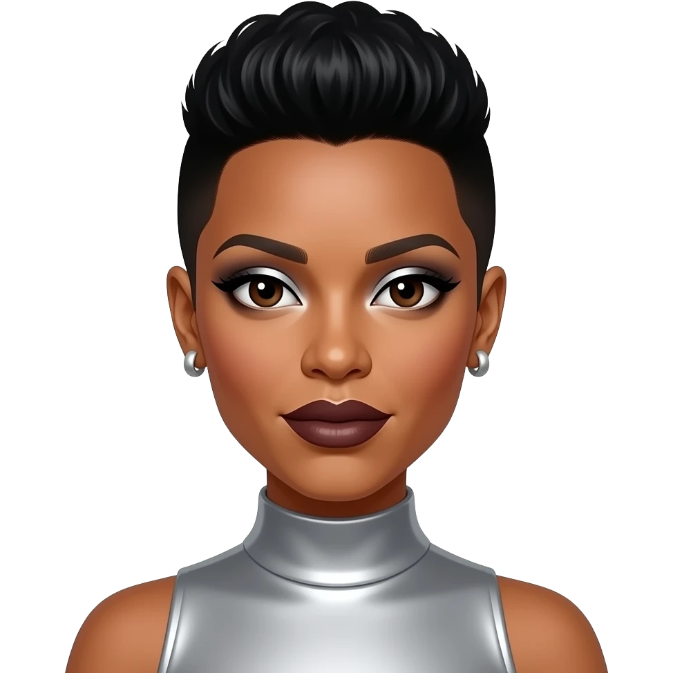 Kelly Rowland from Destiny's Child with dark brown eyes, black faux hawk hairdo, silver eyeshadow, dark brown lipstick, silver high neck dress, silver earrings emoji