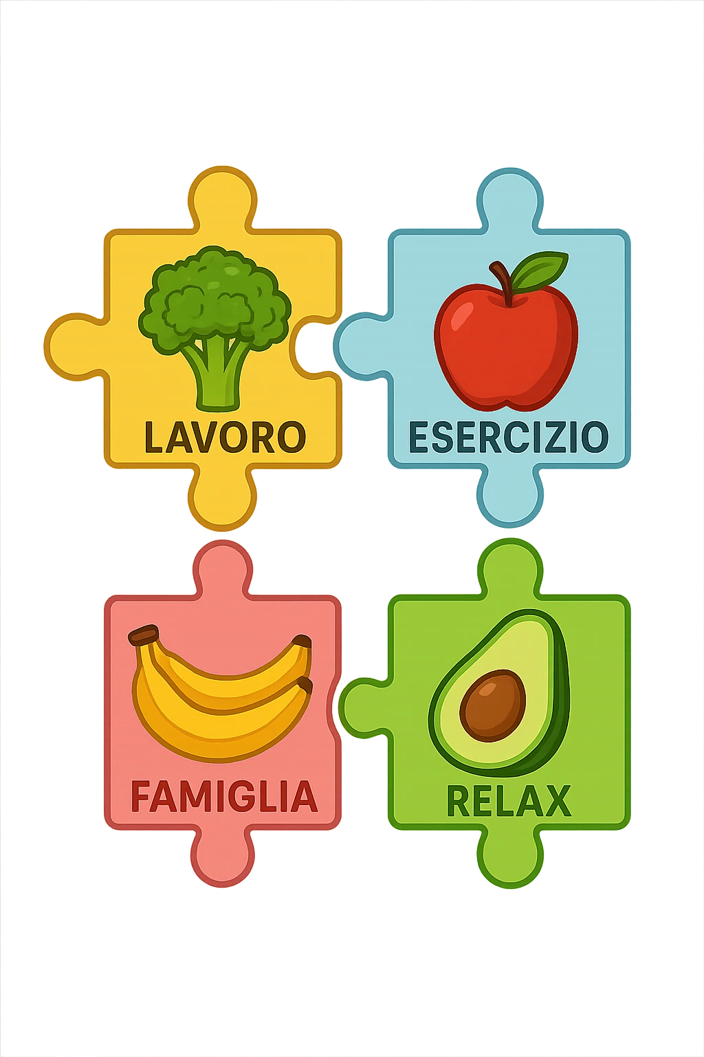 Puzzle (Lavoro, Esercizio, Famiglia, Relax), and healthy foods are integrated into each piece. in italiano emoji