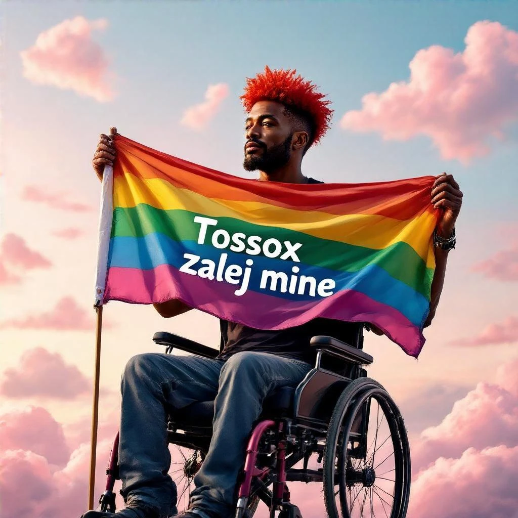 Black man with red hair sitting on wheelchair holding lgbt flag holding text "T0ssox zalej mnie" pink clouds around, pink sky with pink back light emoji