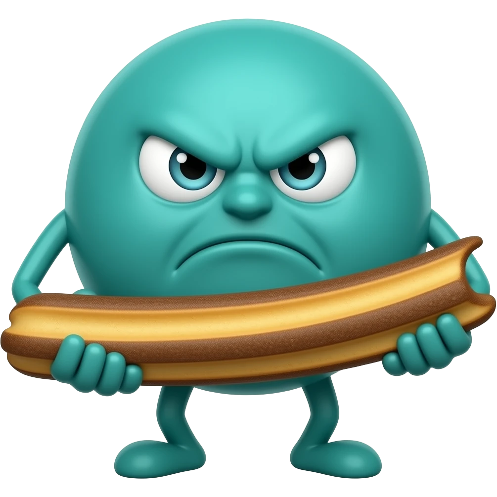 angry teal circle with extra long legs holding a churro emoji