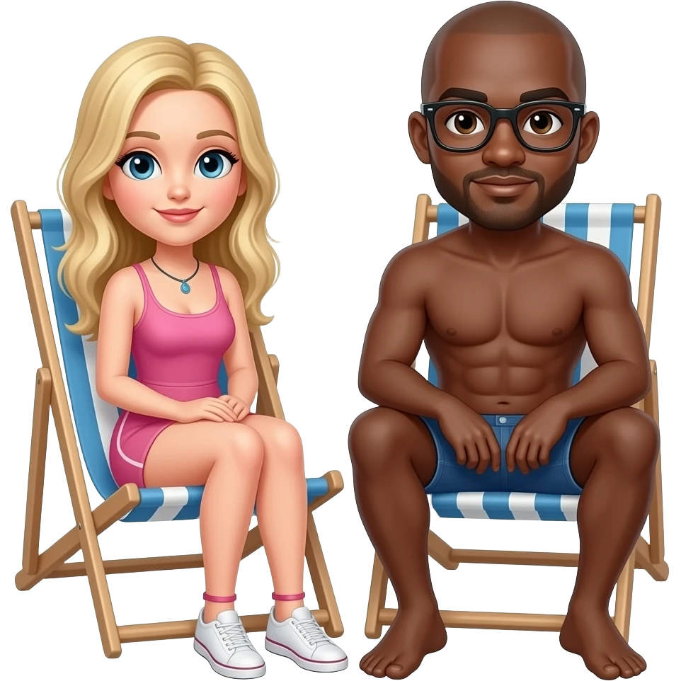 Blonde girlfriend sitting in beach chair with black boyfriend with bald head emoji