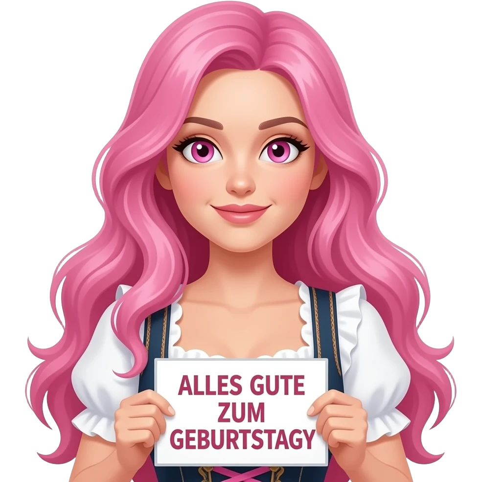 sexy girl with long pink hair and pink eyes wearing a dirndl holding a ALLES GUTE ZUM GEBURTSTAG sign emoji