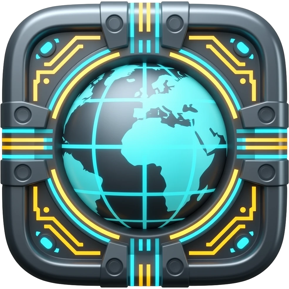 Minimalist 3D icon, high-tech network globe internet symbol, dark metal casing with circuit patterns, glowing cyan and gold neon lights, futuristic infrastructure aesthetic, centered, high resolution, isolated on black background. emoji