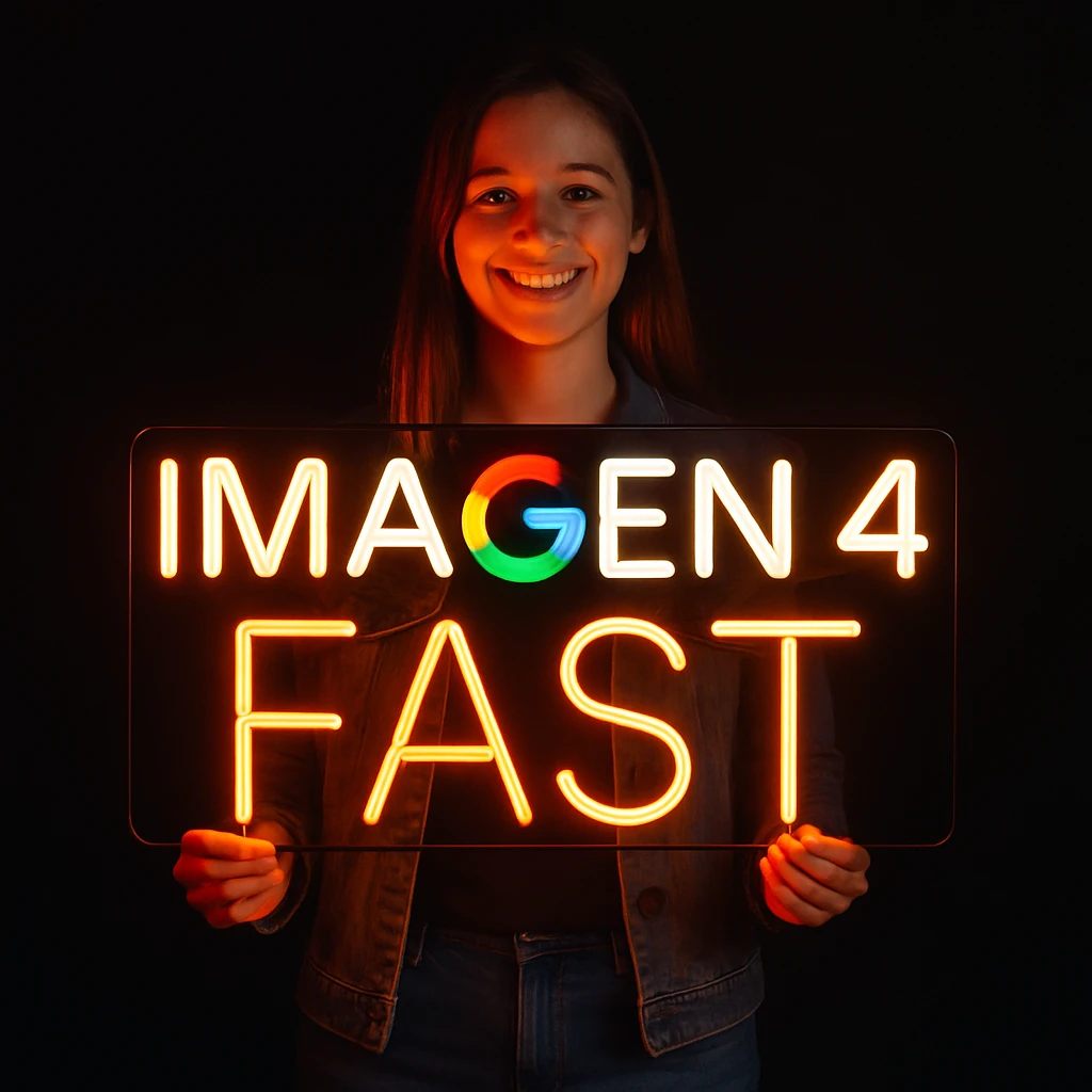 make a girl holding this sign, but sign in made of neon, also add fast below the sign emoji