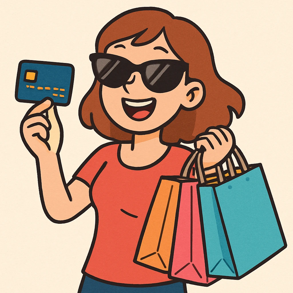 light skin woman with sunglasses, holding a credit card and shopping bags, cartoon style emoji