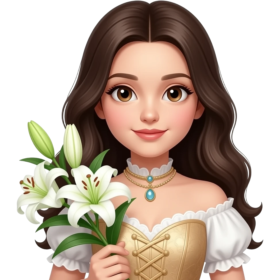 brunette girl holding lily in fancy clothes emoji