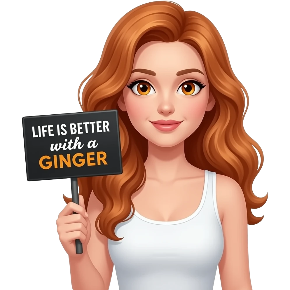 sexy girl with long wavy ginger hair and ginger eyes wearing a white tanktop is holding a black colored sign with LIFE is BETTER with a GINGER written on it emoji