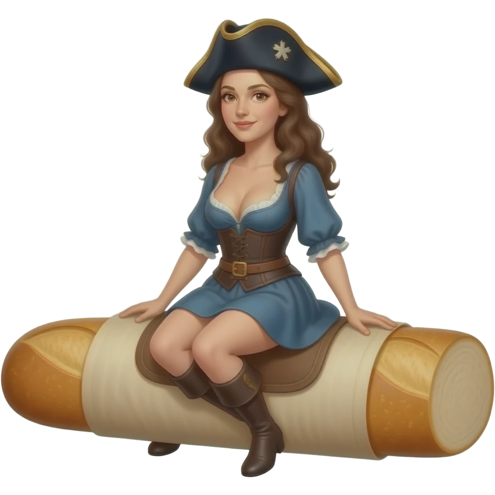 wild historical French Mariana in a tight corset with a large open neckline, with a rebel Jacobin cap riding a narrow French bread emoji