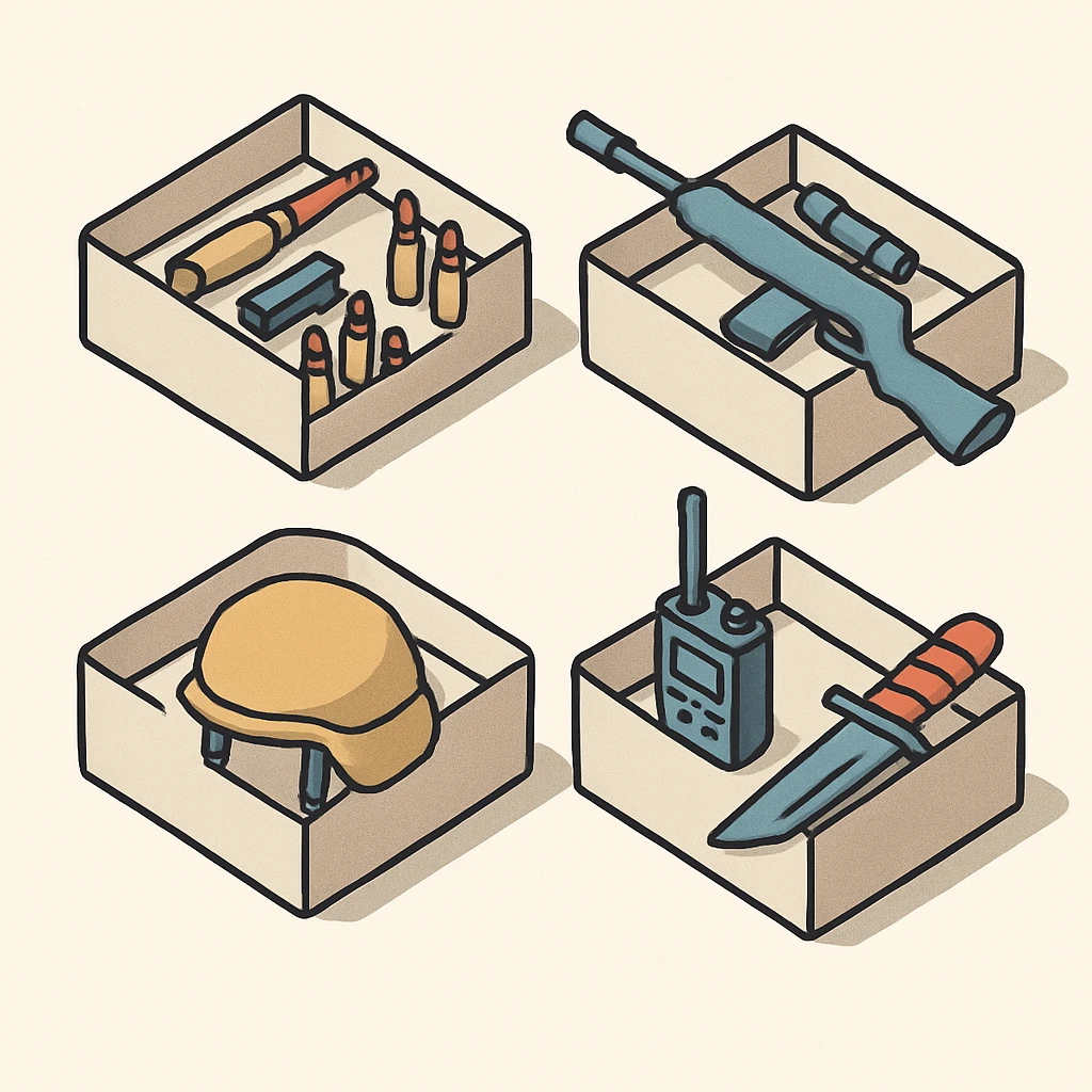 military equipment in boxes, isometric style, clear details, open boxes showing equipment elements emoji