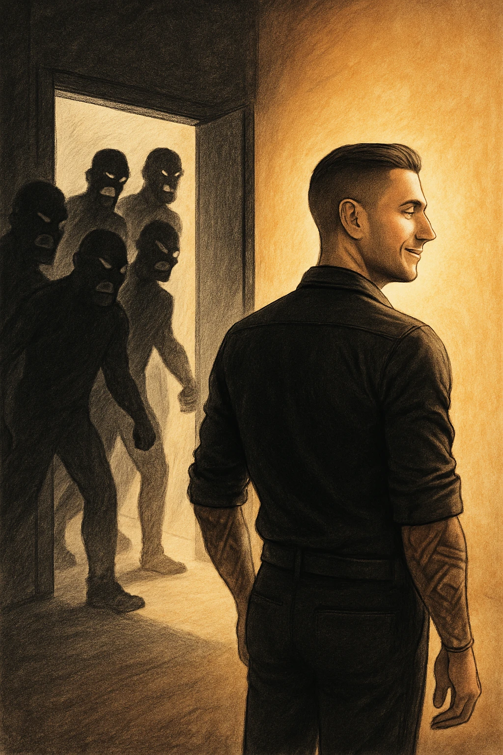 a man stands confidently in a sunlit room, facing away from a group of dark, shadowy figures with harsh or angry expressions who are walking out the door. The man’s posture is upright and relaxed, his face calm and relieved. Warm light fills the space, symbolizing his newfound peace and positivity. emoji