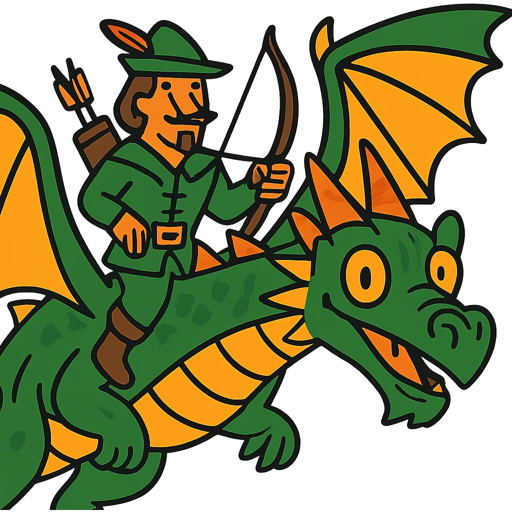 Remove the background, keep Robin Hood riding a dragon with transparent background in a style suitable for editing. emoji