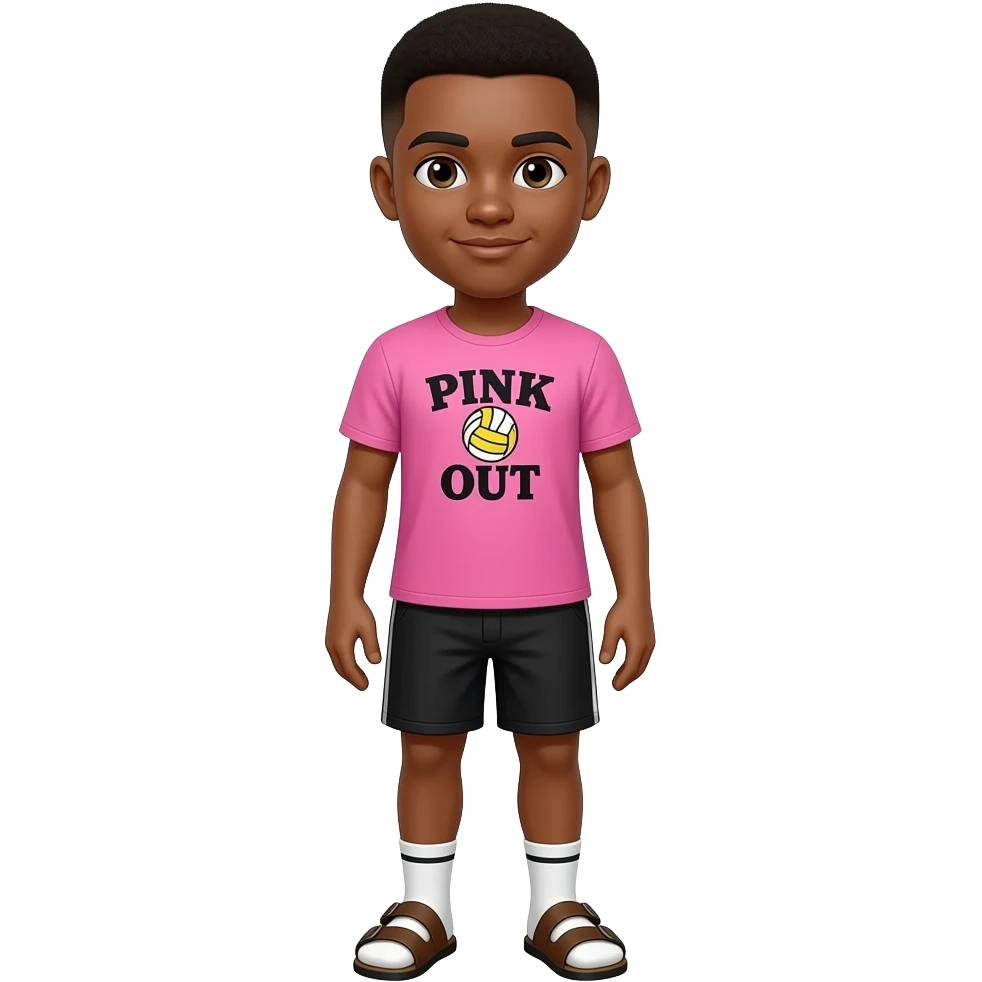 black skinned 22 year old with a brown low taper fade in a shirt that says PINK OUT with volleyball on it and it’s pink with black shorts and ankle white socks and brown birkenstocks emoji