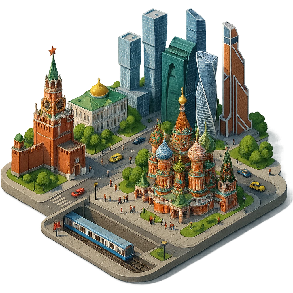 Изометричная миниатюрная фотореалистичная 3D модель Москвы на подставке - Кремль, собор Василия Блаженного, фотореалистичные Башни Москва-Сити, аккуратная детализация, четкие линии, яркие цвета, мультяшный реализм, гуляют люди и современный автотранспорт и метро, компактная композиция, вид сверху в изометрии, прозрачный фон emoji
