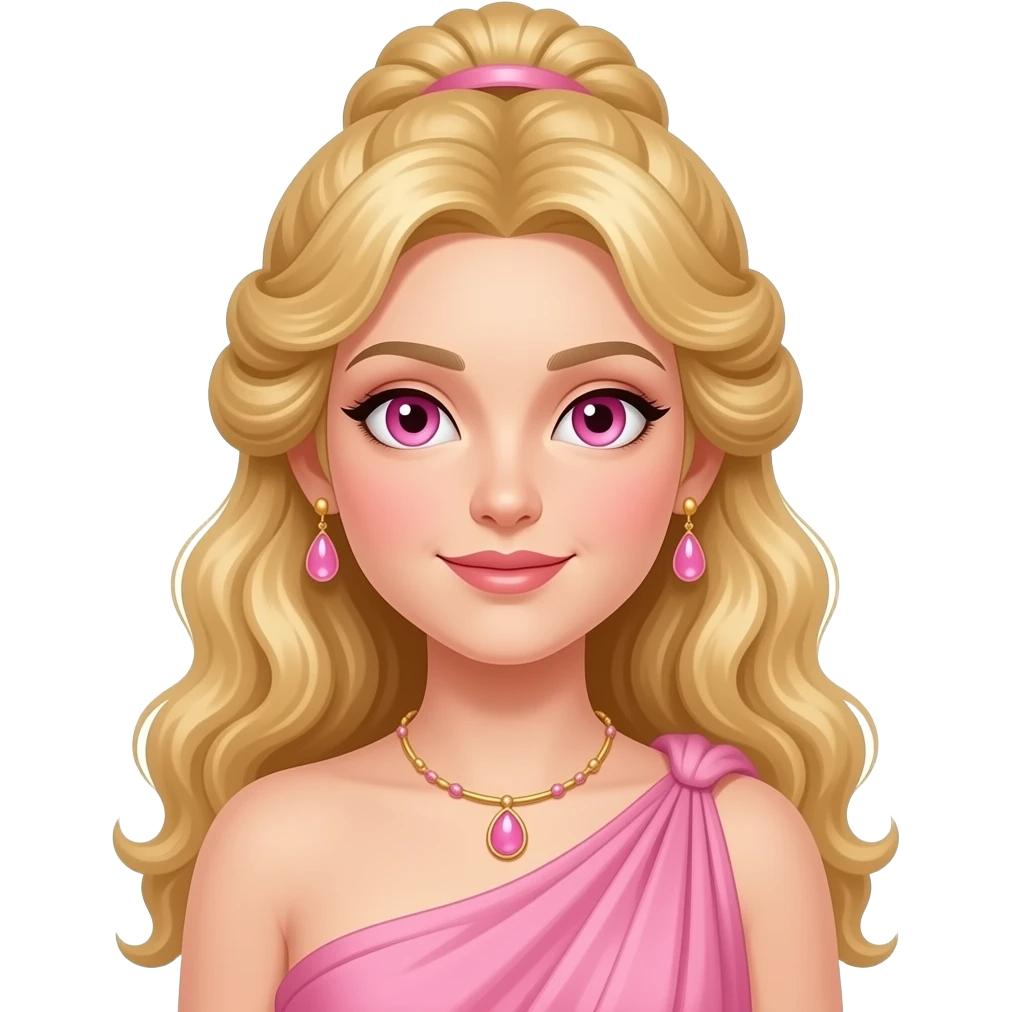 Venus from Roman Mythology with pink eyes, long strawberry blonde curly updo hair, pink peplos, necklace and earrings emoji
