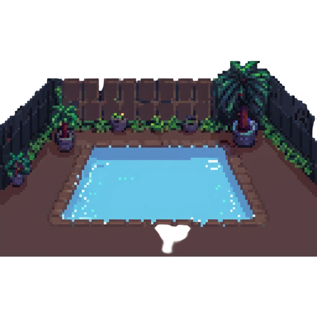 Make the scene night time with a dark sky, glowing pool lights, and moonlight. Keep the pixel art style and cult weed cheese pool party theme. Preserve transparency if present. emoji