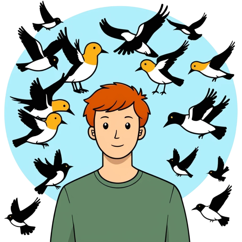 Man with ginger hair and lots of birds around him emoji