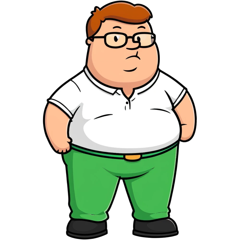Peter Griffin from Family Guy with a pregnant belly, wearing green pants, white shirt, and glasses emoji