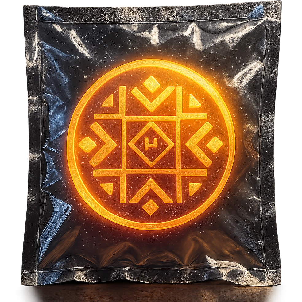 Can you please render an image of a digital artwork with a dreamy, cosmic aesthetic. Make it glowing small circle logo that’s accurately like the one attached in the image and that radiates warm colors—yellow, orange, and magenta. Make the image 3D and look more like an artistic glassmorphism type. Make the image look HD and quality  emoji