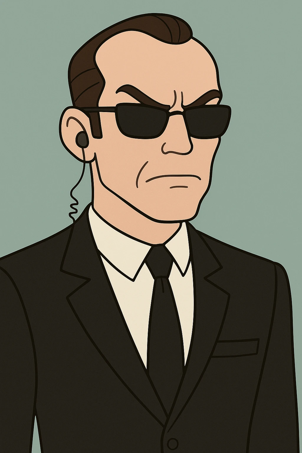 Agent Smith from The Matrix in cartoon style, black suit, sunglasses, earpiece, stern expression emoji