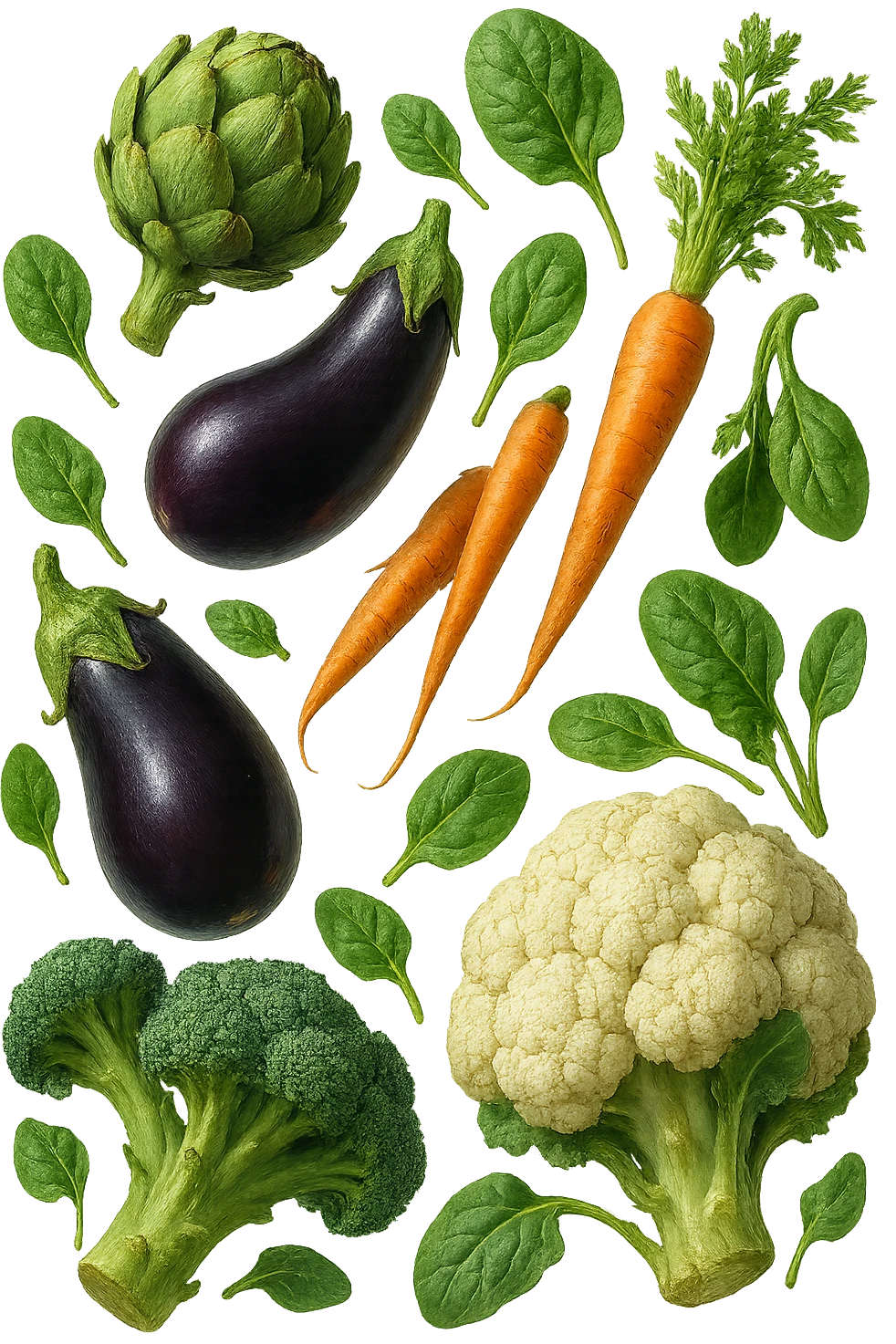 Carciofi, melanzane, carote, spinaci, broccoli, cavolfiore FLUTTUANO IN ARIA, IPERREALISTICO 4K emoji