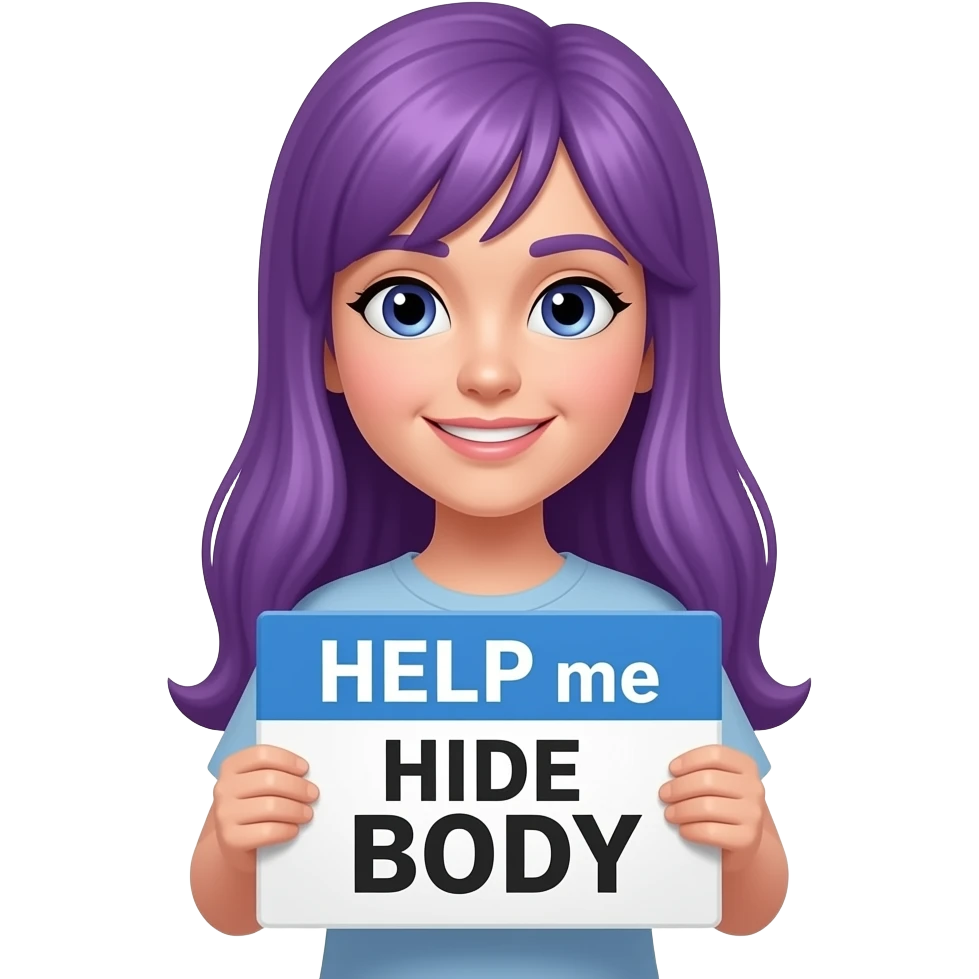 girl with long purple hair holding a HELP me HIDE the BODY sign emoji