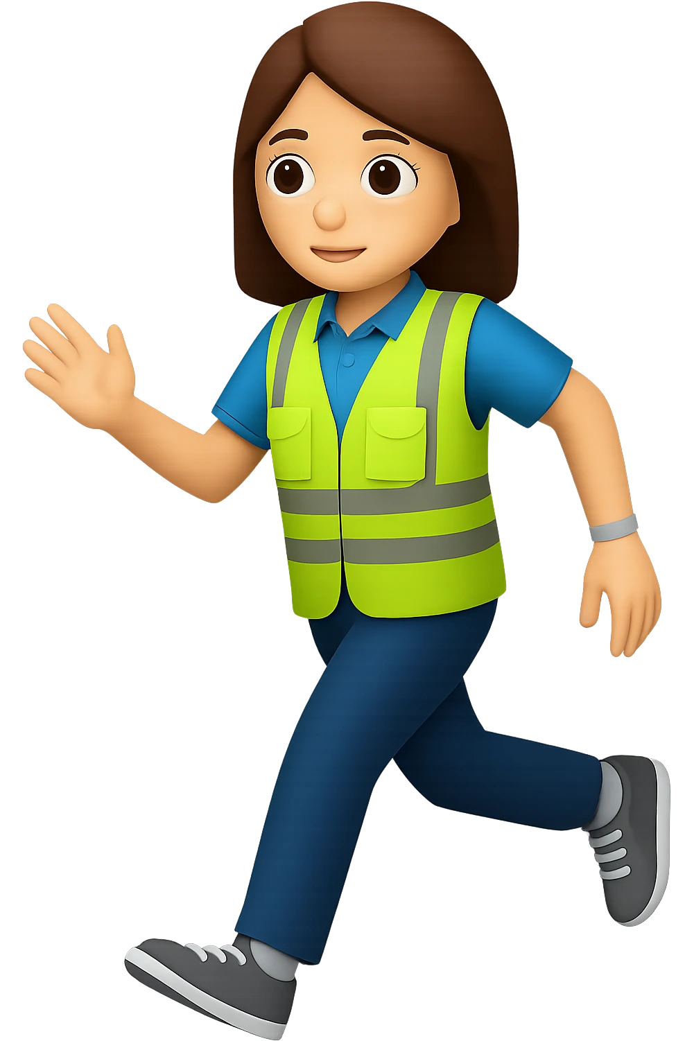 Edit the images to depict a full-body white female person walking, with shoulder-length brown hair, wearing a high-visibility vest, no hard hat, and trainers. The style should resemble apple style emojis with no background (transparent). emoji