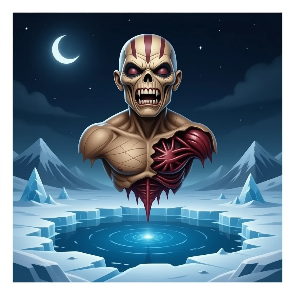 iron maiden eddie mascot - deformed upper body hovers over frozen landscape - a Gustave Doré piece, depicting traitors frozen in a lake of ice in the ninth circle of Dante's Inferno emoji