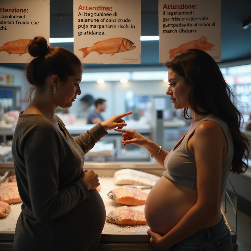 realistic pregnant woman in 4K pointing at the informational sign in a fish market to another pregnant woman, both reading the text: “Attenzione, il consumo di salmone crudo può comportare rischi in gravidanza”. emoji